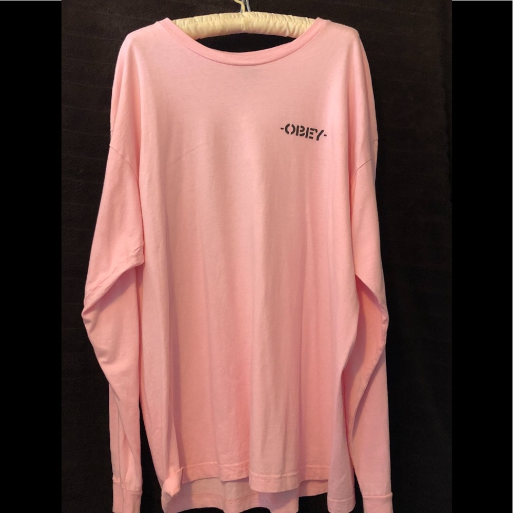 Men’s long sleeve, pink Obey tee shirt. Like new
